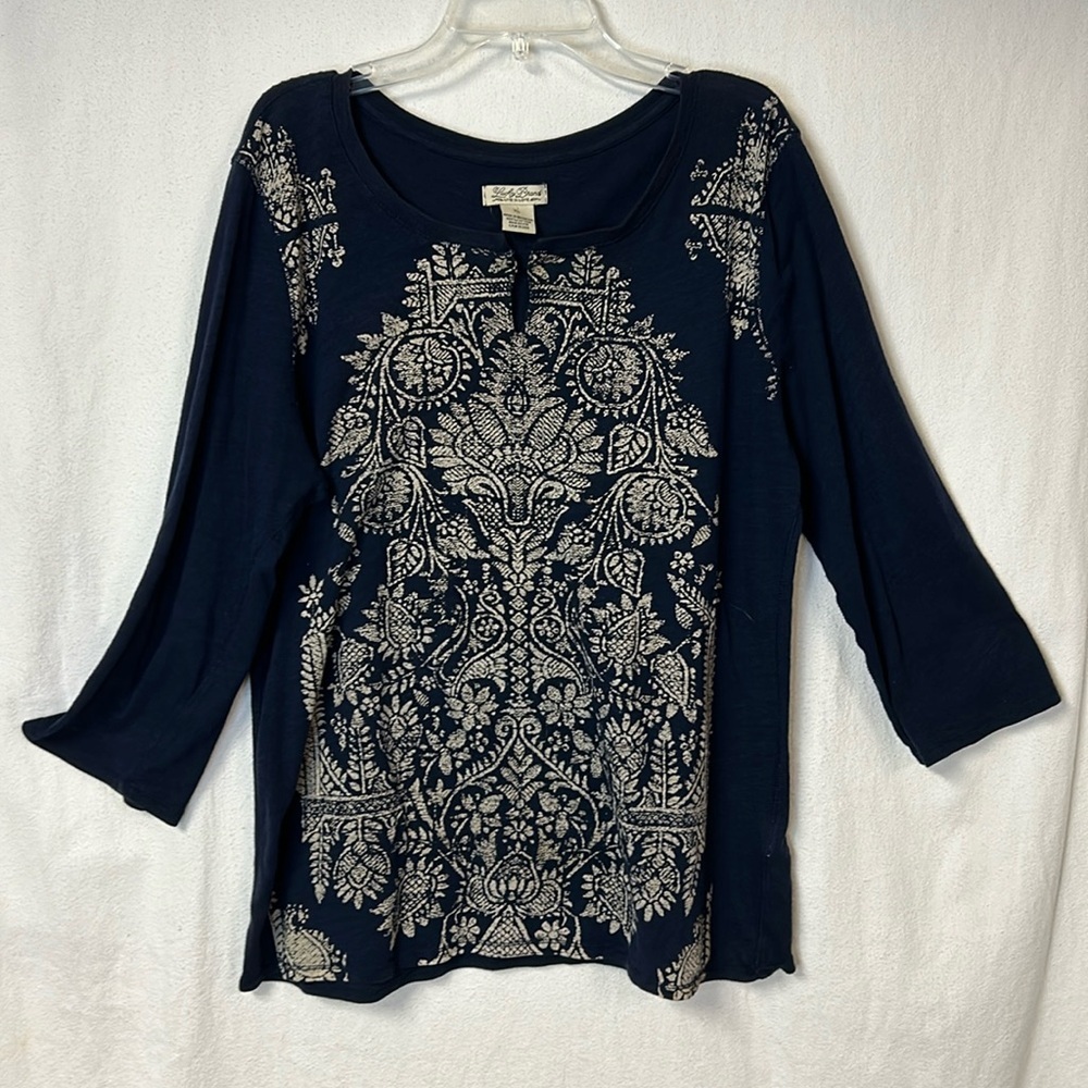 Lucky Brand Navy Embroidered Floral 3/4 Sleeve Top